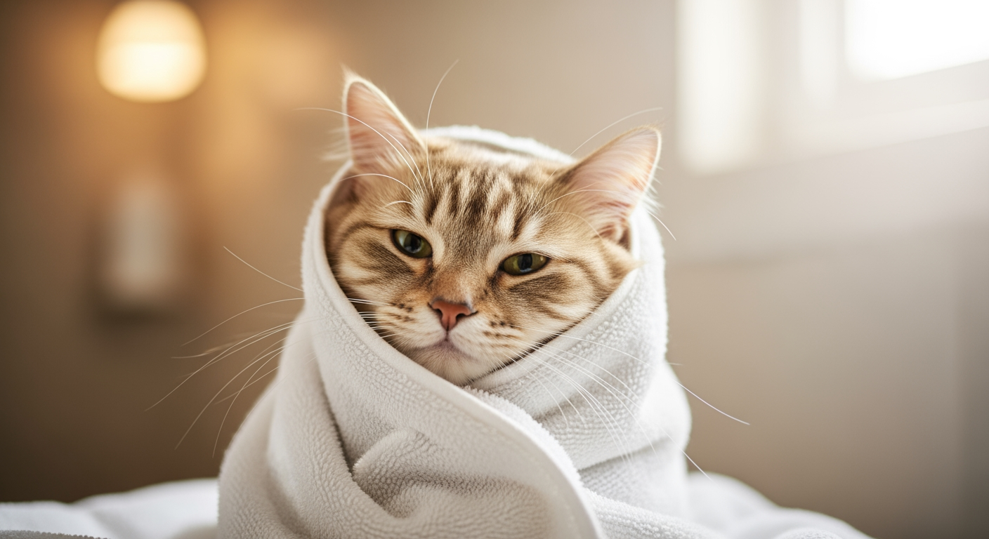 A calm, freshly bathed cat wrapped in a towel