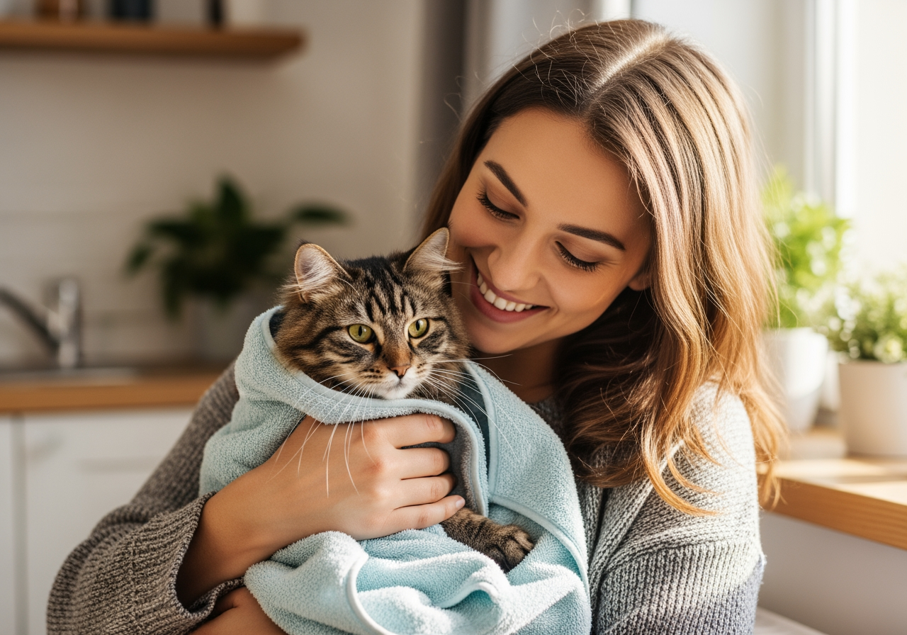 A cat parent holding a freshly bathed cat